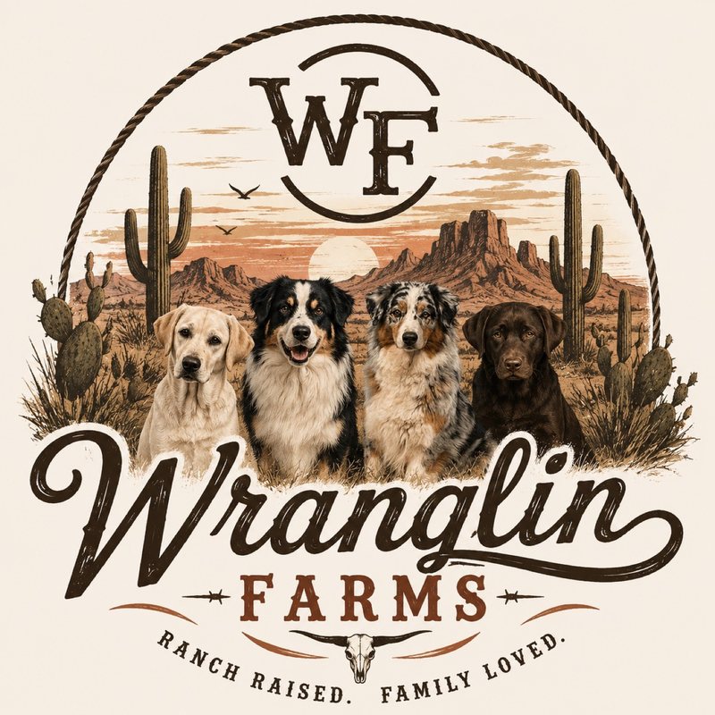 Wranglin Farms logo: a yellow Lab, two Australian Shepherds and a chocolate Lab in an Arizona desert scene, with the words Ranch Raised. Family Loved.